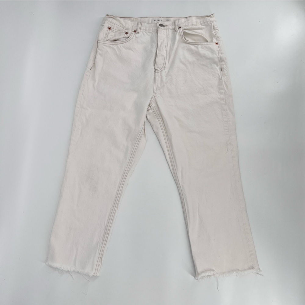 Topshop White Cropped Ankle Button Fly High Rise Raw Hem Jeans Size 32 Women’s
